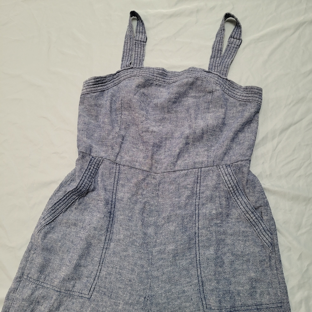 Old Navy Overalls Linen Rayon Blue Sleeveless Pockets Wide-Leg Jumpsuit Smocking - Picture 2 of 15